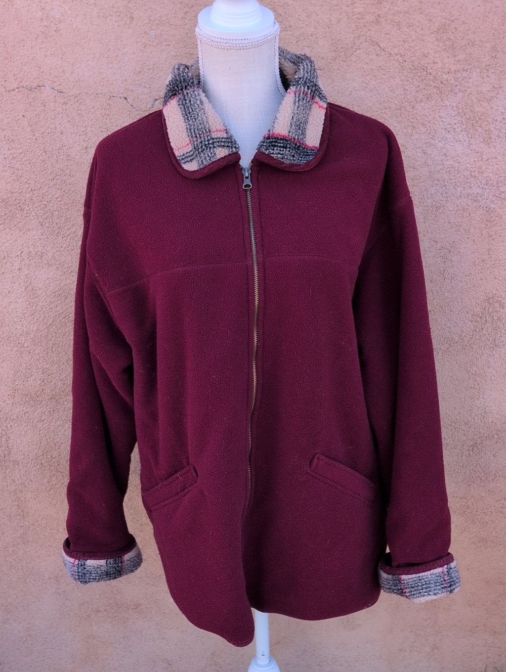 Coaco New York Tartan Plaid Sherpa Fleece Zipup Style Rolled Sleeves Jacket